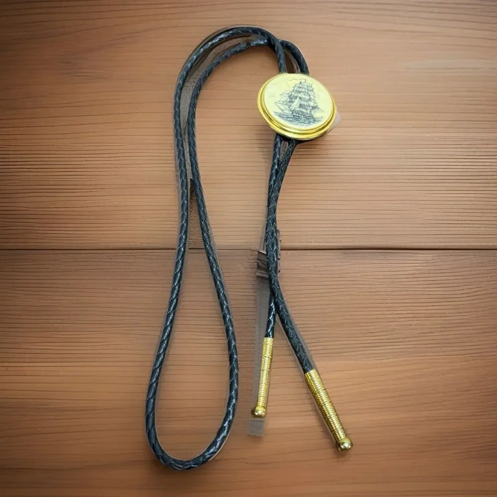 Stephen Barlow Ship Bolo Tie Nautical Scrimshaw Style Vintage Brass Gold Tone